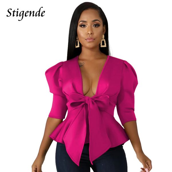

stigende autumn deep v neck ruffle bow blouse women casual long sleeve plain cropped blouse shirt elegant solid bandage shirt, White
