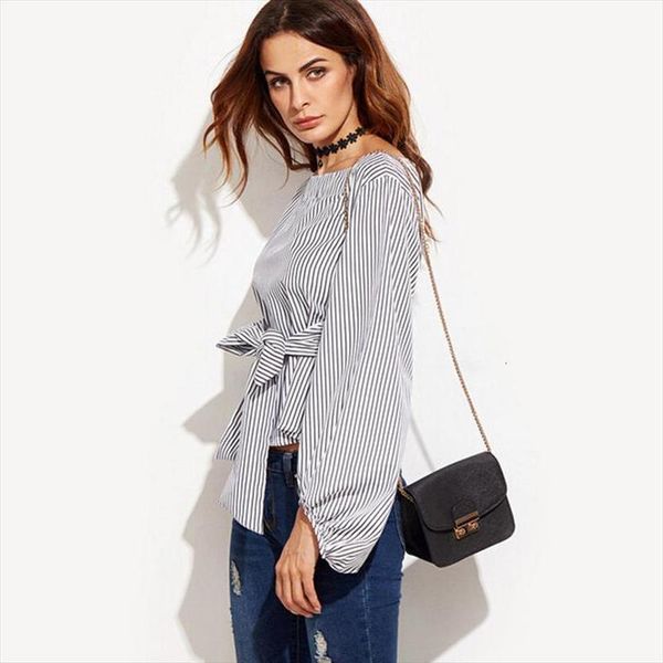

new crew neck fashion womens off shoulder blouse long sleeve striped shirt with bow tie women fashion shirt, White