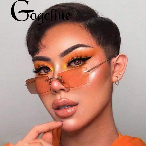 

2020 vintage rectangle rimless sunglasses women uv400 metal small square sunglasses brand designer men retro yellow pinkgradient, White;black