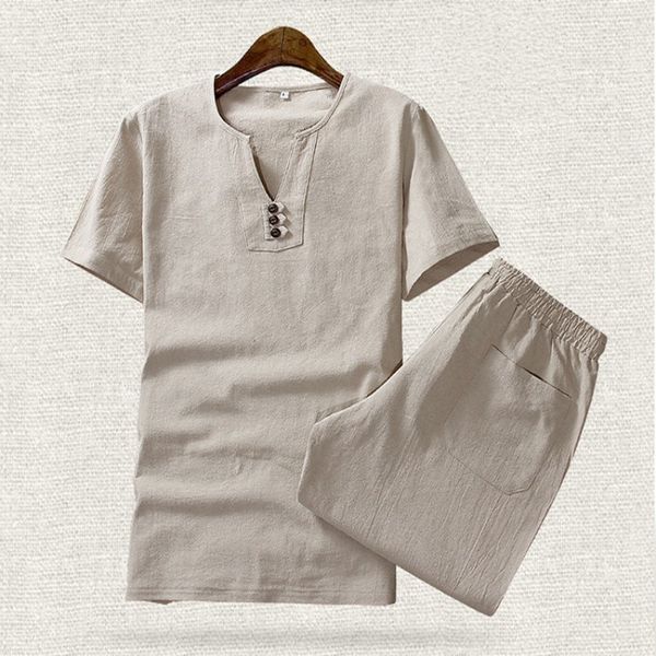 

new arrival summer cotton linen thin short sleeve t-shirt fashion plus size -5xl two piece sets shorts for men, Gray