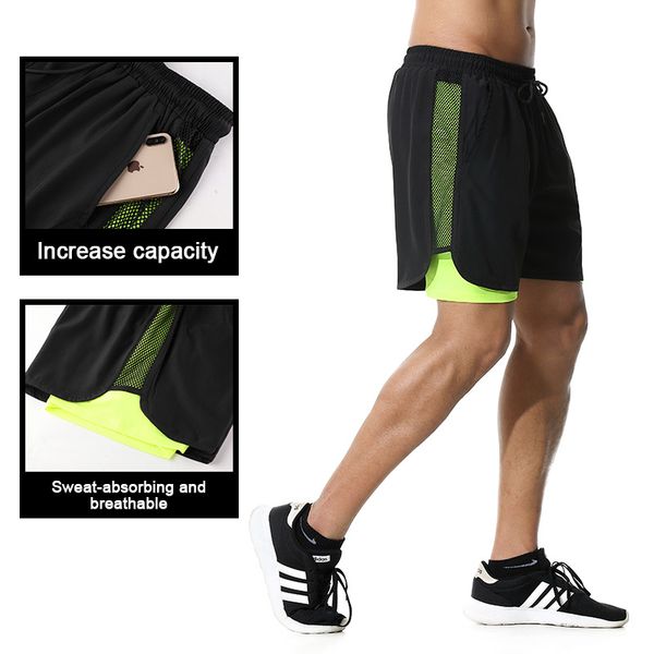 

running shorts men's casual 2 in 1 quick drying sport gyms fitness bodybuilding workout built-in pockets short men, Black;blue