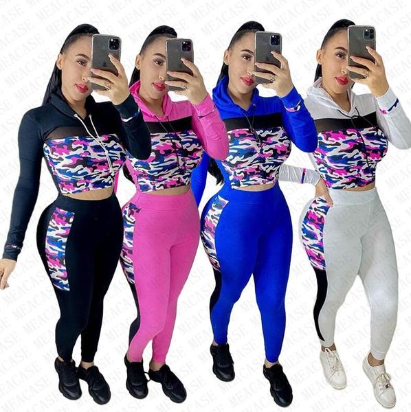 

2020 women's tracksuit designer outfit mesh patchwork camouflage hoodies hooded pants leggings 2 pieces set autumn sports suit d72811, White
