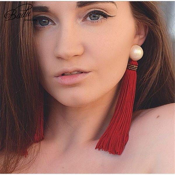 

badu red tassel earrings women long fringe gold stud earrings bohemian style fashion jewelry vintage exaggerated for christmas, Golden;silver