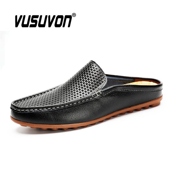 

italian men slippers genuine leather loafers moccasins homme outdoor non-slip men casual summer mules fashion shoes 2020, Black