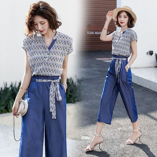 

denim - suit 2020 new women's fashionable two-piece t-shirt tencel pant suit wide leg wide leg pants ankle-length pants thin, Gray