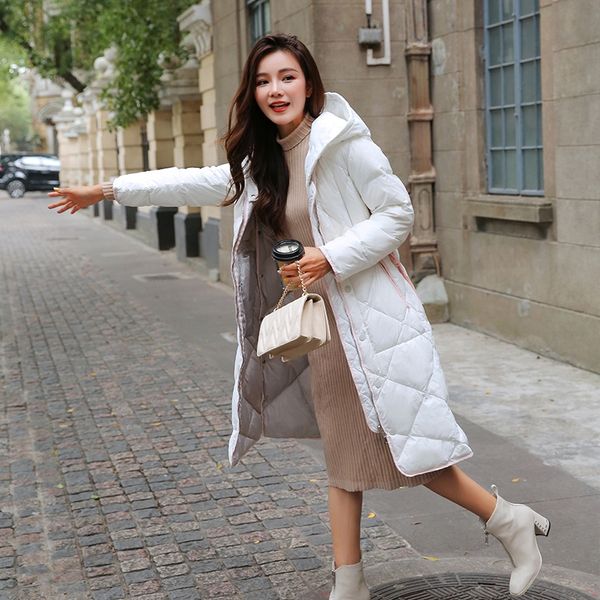 

пинх 2019 новых двухсторонняя над коленом средней длиной с капюшоном женщин вниз курток «s моды корейского стилем белой уткой вниз курткой д, Black