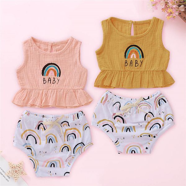 

2020 brand infant baby girl boys clothes set newborn baby boy girl sleeveless vest rainbow print shorts casual outfit 3-18m, White