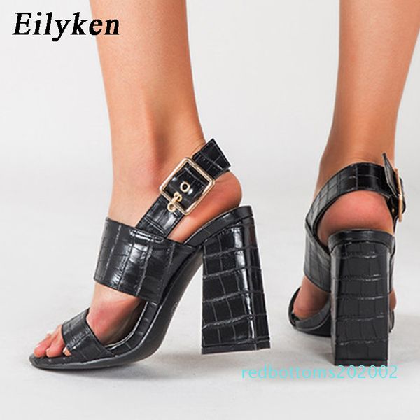 

eilyken 2020 summer new design crocodile pattern pu leather round toe woman sandals fashion ankle metal t-strap thick high heels r02, Black