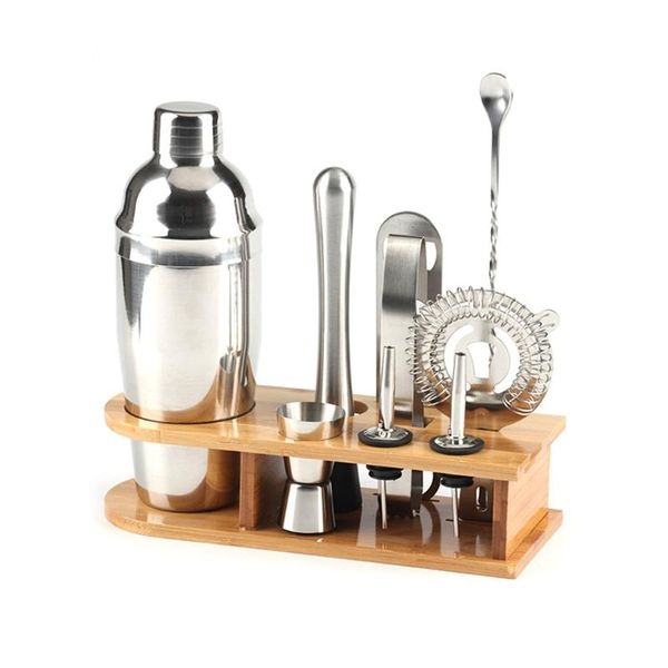 

10pcs stainless steel cocktail shaker mixer wine martini shaker set with wooden rack for bartender drink party bar tools