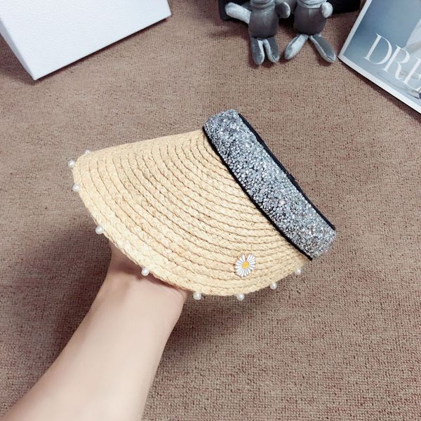 

2020ins handmade bright silk rhinestone empty hair hoop type sunscreen straw sunscreen lafite woven straw hat play sun protection hat, Blue;gray