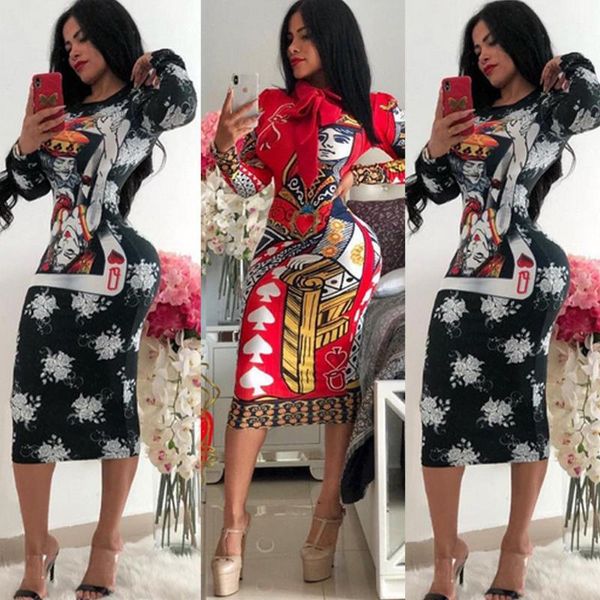 

2020 autumn long sleeve o-neck poker playing cards vintage chain print dresses women bandage nightclub midi dress, Black;gray