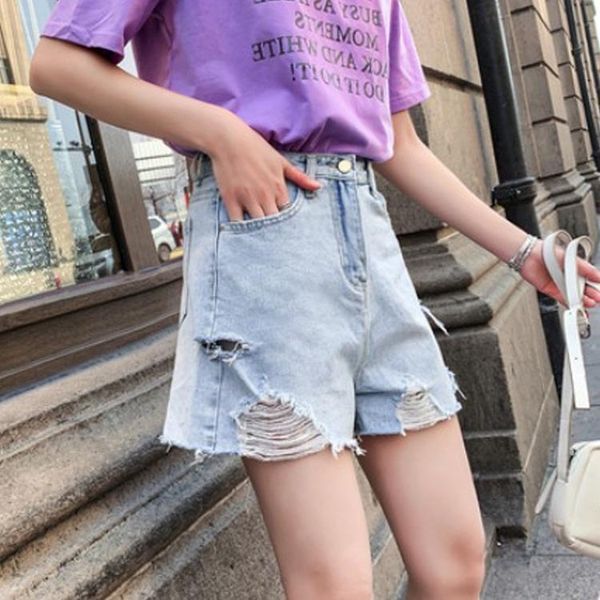 

женщины размера больших брюки 2020 летних новый жир mm200 jin студент похудения свободно и брюки и шорты отверстия джинсовых шорт, Blue