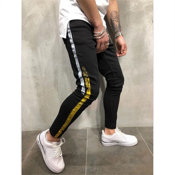 

men stylish jeans biker slim straight hip hop denim trousers fashion skinny jeans 2020 elastic ripped pocket streetwear, Blue