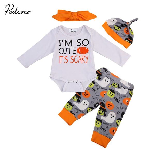 

newborn baby boys girls one piece letter print romper pants outfit clothes halloween costume 4pcs set, White