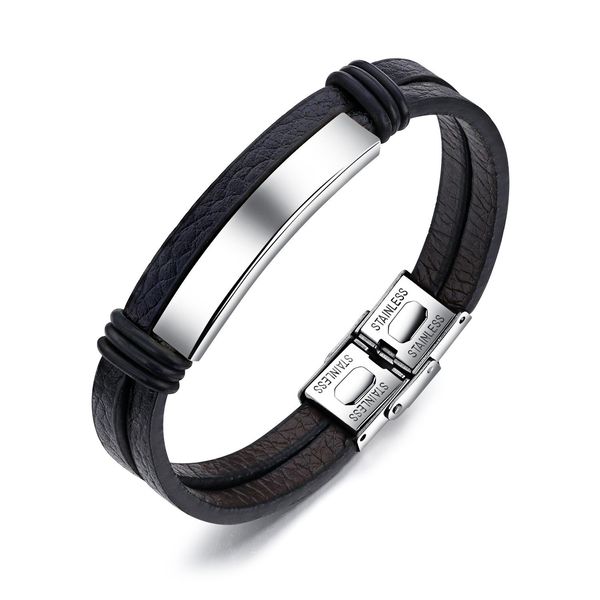 

europe and the united states selling fashion accessories wholesale simple charm 18k gold black leather stainless steel men's bracelet, Golden;silver