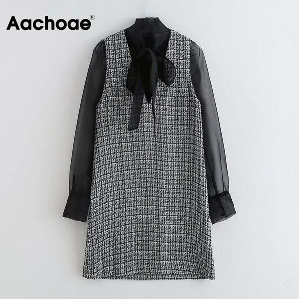 

aachoae женщины элегантный mesh лоскутная мини платье chic bow tie воротник офис straight платье see through с длинным рукавом стильная, Black;gray