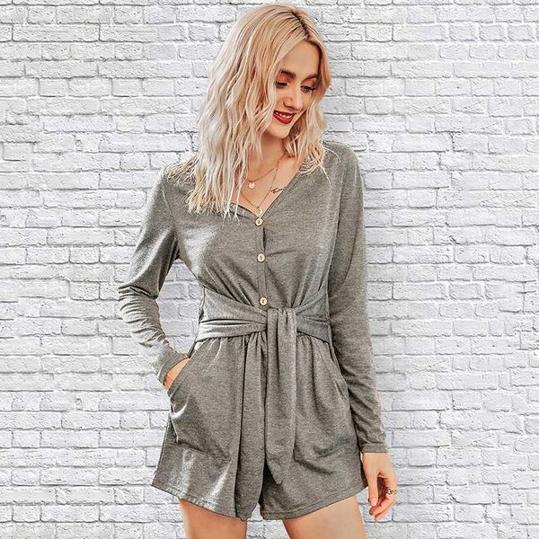 

women jumpsuit long sleeve deep v neck with belt pocket crop button short romper women jumpsuit overalls, Black;white