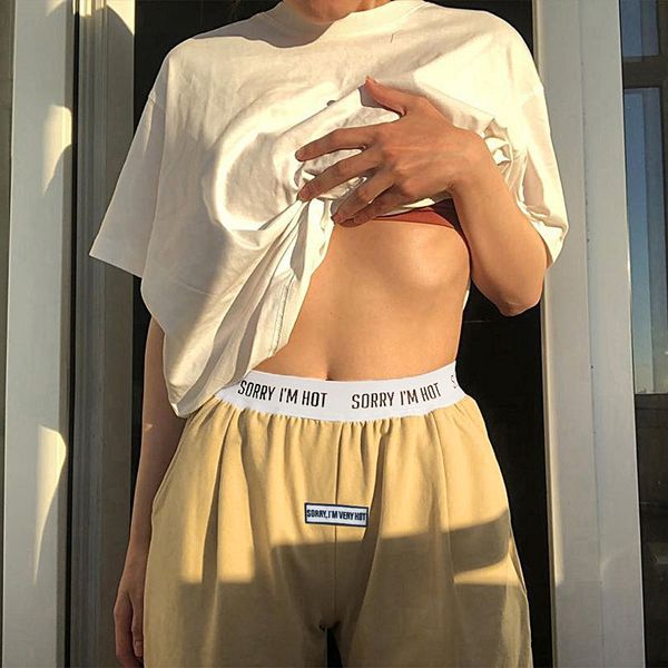 

причинного упругого hight талии женщина sweatpants хлопок сплошного фронт письмо вышивка штаны сыпучего jogger trouse soft 2color, Black;white