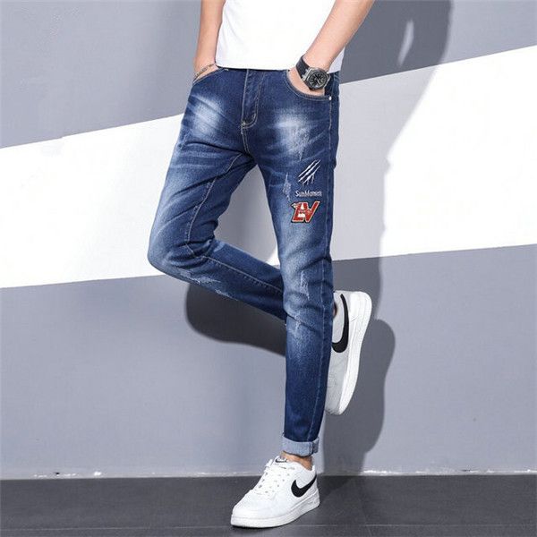 

2020 горячие продажа мужская проблемные тощий прямые джинсы вышивки модельер мужские джинсы тонкий мотоцикл дорогих штаны, Blue