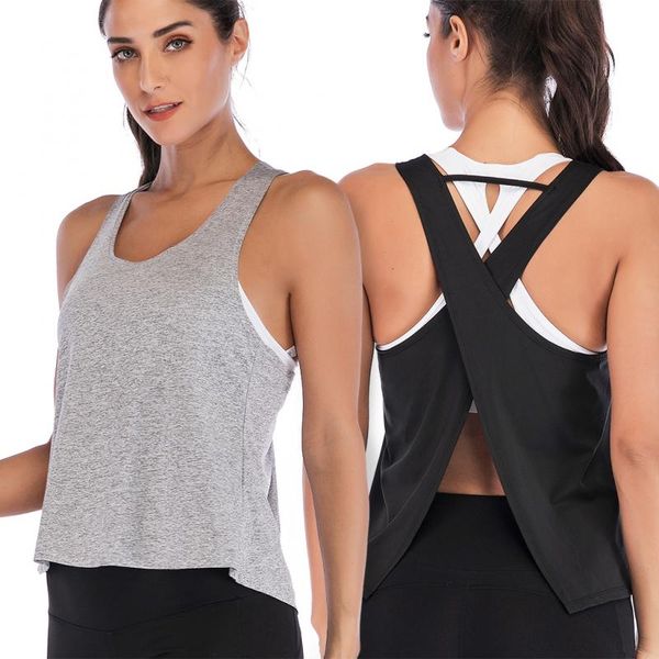 

yoga outfits women open back sport solid shirts tie workout sleeveless backless cross tank fitness shirt #ed, White;red