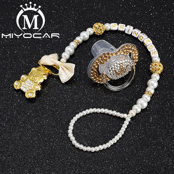 

miyocar beautiful gold bling bear pacifier clip dummy clip holder pacifier holder with bling gold crown sp016