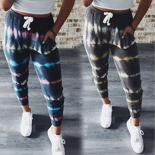 

2020 summer new striped tie-dyed printed lace-up slim sports pants fit sports pants for women, Black;white
