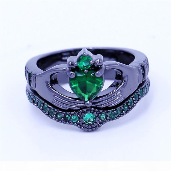 

new claddagh ring birthstone jewelry wedding band rings set for women green 5a zircon cz black gold filled female party ring, Slivery;golden