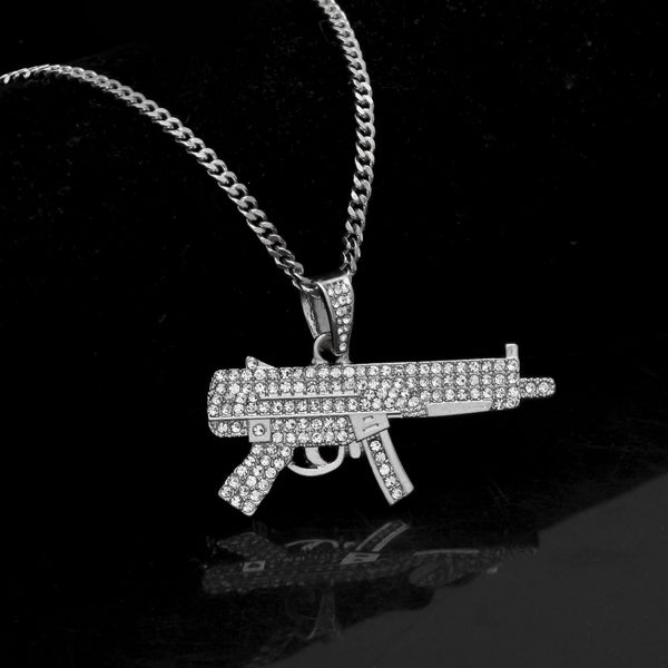 

hip hop cool submachine gun pendant necklace with rhinestone gold color ak47 gun pendant for men women fashion jewelry, Silver
