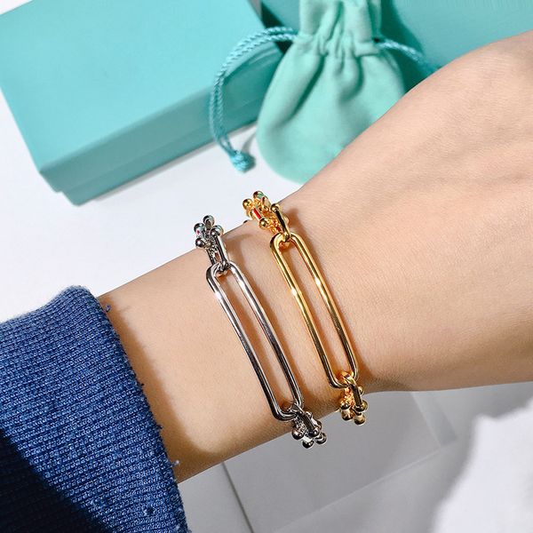

trendy smooth naked chain bamboo knot u-shaped chain bracelet punk neutralstyle simple couple rose gold silver bracelet&bangle for woman, Black