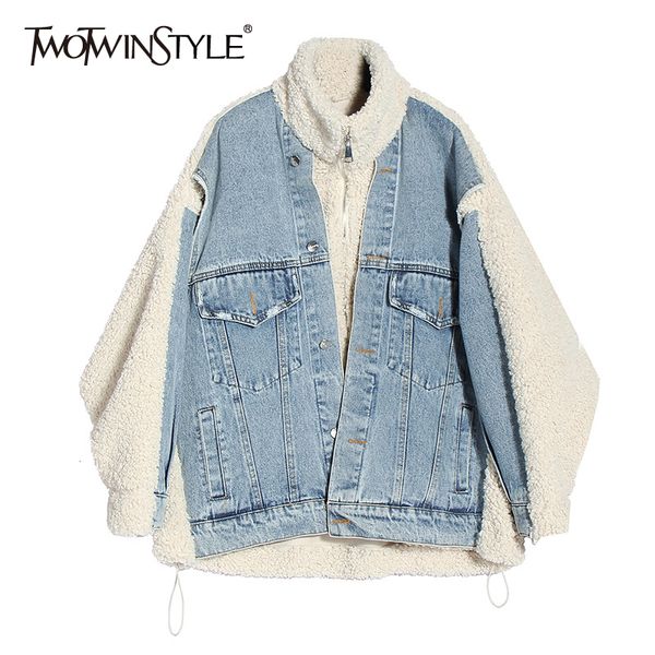 

twotwinstyle patchwork denim lambswool women's coats turtleneck batwing sleeve hit color jacket female 2020 fashion clothing new, Black;brown