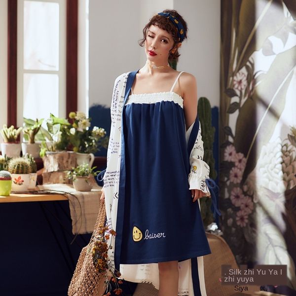 

xa9se autumn thin air-conditioning clothes women's cotton elegant long-sleeved two-piece pajamasbathrobe pajamassling nightgown autumn, Blue;red