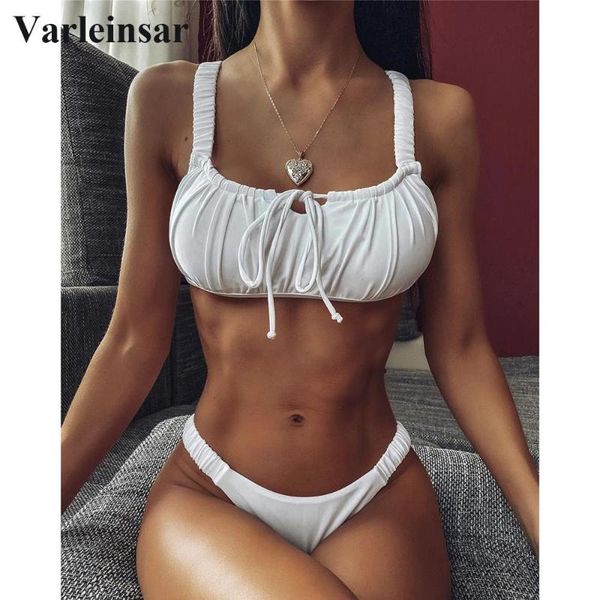 

new white pleated brazilian bikini women swimwear female swimsuit two-pieces bikini set lace up bather bathing suit swim v1770, White;black