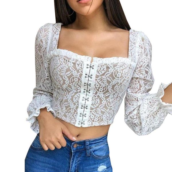

женщины рубашки sexy кружева твердая длинным рукавом классическая square collar выдалбливают обрезанные backless рубашка весна осень повседн, White