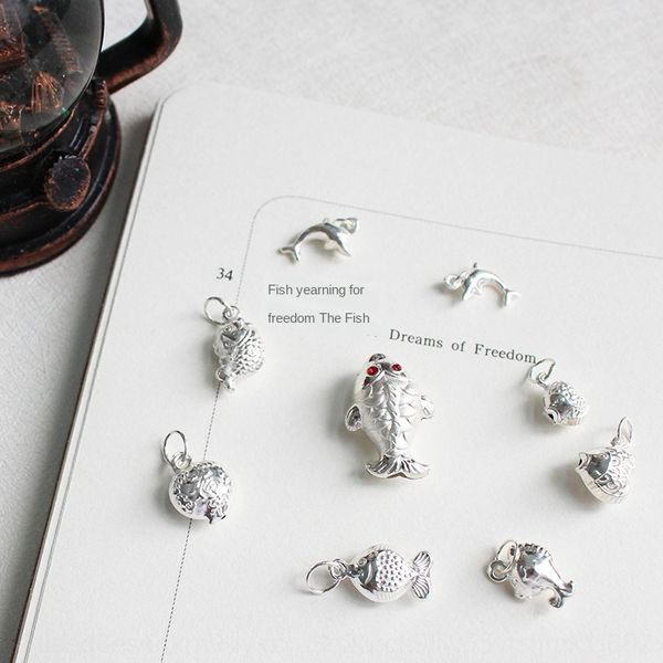 

annual have fish lucky bell s925 sterling silver handmade diy baby red string shou diy pendant jiao lian fish pendant, Slivery;white