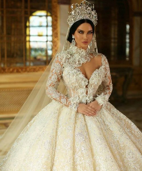 Abiti da sposa stile musulmano collo alto Abiti da ballo da sposa Principessa maniche lunghe Applicazioni in pizzo Abiti da sposa Taglie forti Perline264g