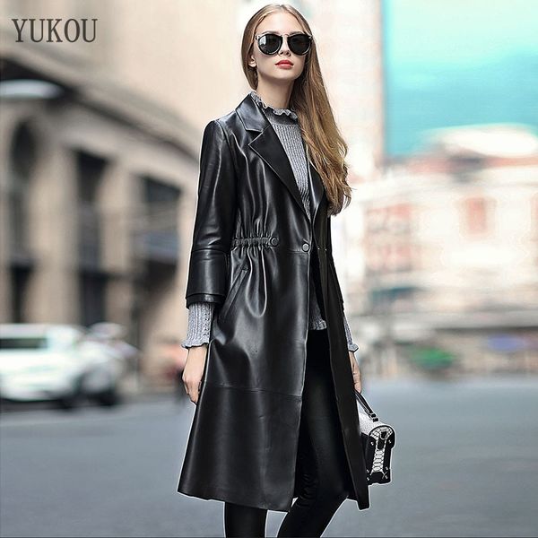 

women coat natural 100% winter fashion sheepskin genuine leather long windcoat three quarter sleeve female outwear, Black
