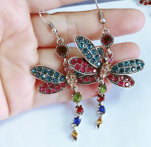 

женщины серебряные серьги преувеличены dragonfly полный кристалл мотаться серьги насекомых форма серьги ретро bohemia кисточкой серьги ювели, Silver