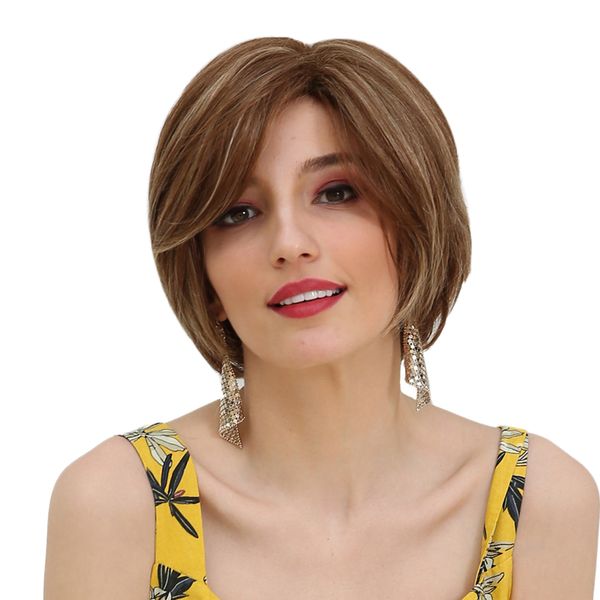 

brown gold mixed women short human hair wigs cosplay party daily wear, Black