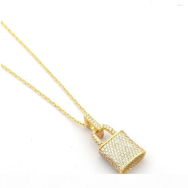 

fashion full diamond lock necklace iced out pendant for mens and women party wedding lovers gift engagement stainless steel jewelry with box, Silver