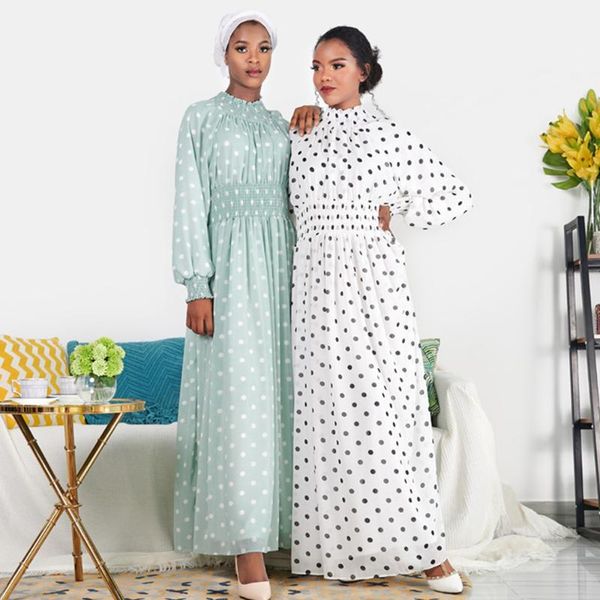 

siskakia fashion polka dot print slim waist women long dress africa dubai arab oman fresh green maxi dresses lantern long sleeve, Black;gray