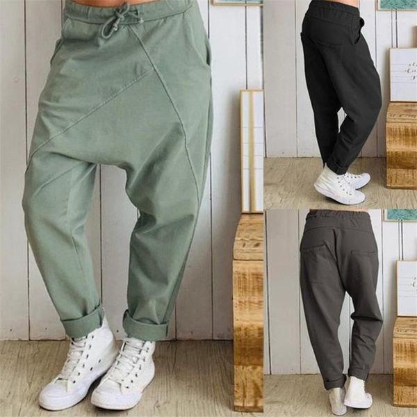 

pants casual solid color homme trousers mens harem pants plus size drawstring mid waist loose man long, Black