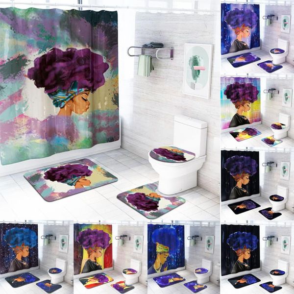 

4 pcs african girl waterproof shower curtain bathroom non-slip rug toilet seat cover flannel bath mats set home decor