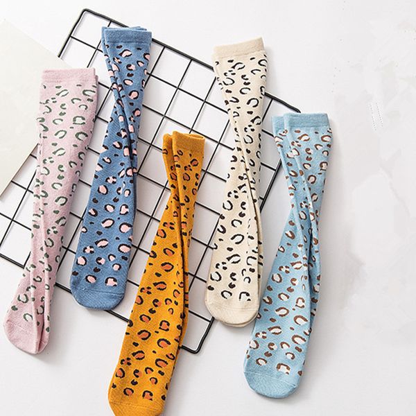 

girls knee high socks pink blue white leopard print socks for girls cotton breathable keep warm kids long tube leg warm, Pink;yellow