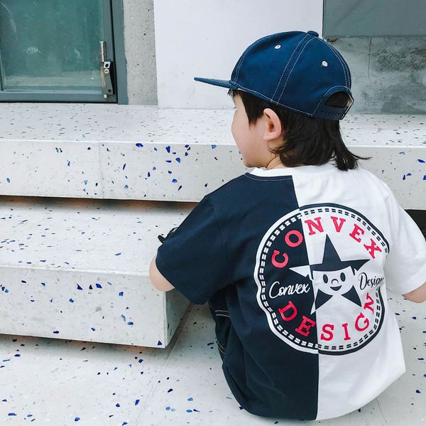 

2020 летние новые большие английские буквы звезда t-рубашка печать сшивание с короткими рукавами футболки мальчиков и девочек хлопка верх, Blue