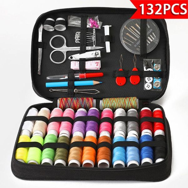 

132pcs/set travel sewing box kit sewing thread stitches knitting needles tools cloth buttons craft scissor home organizer, Black