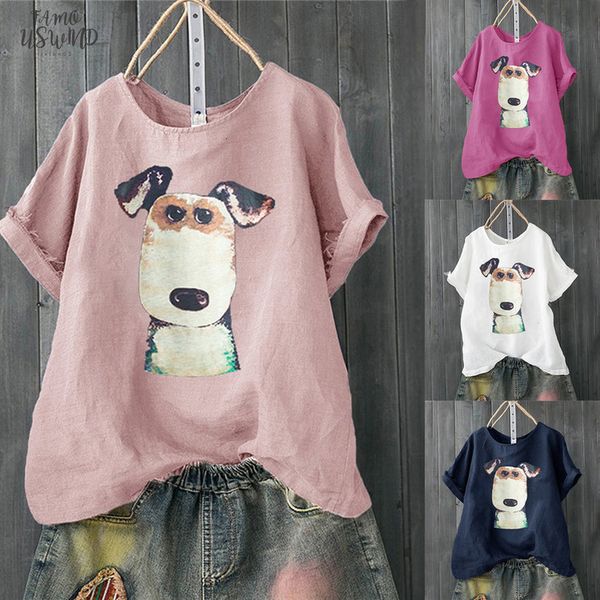 

2020 tshirt women harajuku casual plus size dog print linen button tunic poleras camiseta mujer women t shirt, White