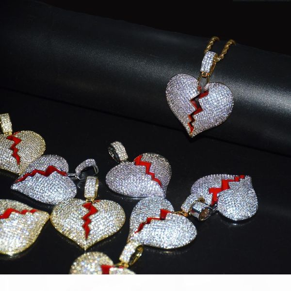 

iced out broken red oil heart necklace pendant with 4mm tennis chain gold silver color charms chain jewelry