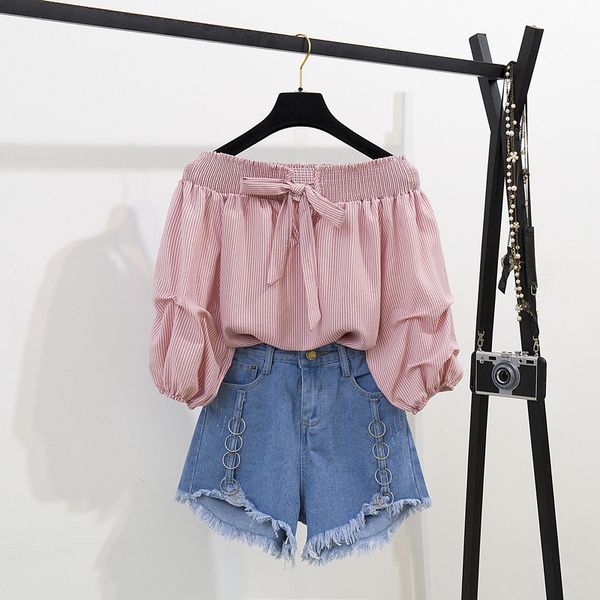 

cbafu lantern sleeve bow off the shoulder blouse wide legs denim shorts sets women summer 2 piece sets outfits casual p947, White