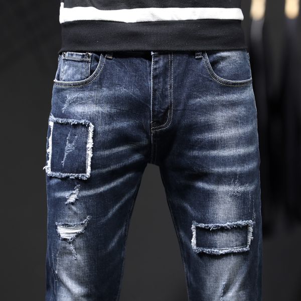 

new design summer mens jeans stretch thin slim-leg fit motorcycle bike patch denim fashion patc hip hop jeans us uk size w29-w40, Blue
