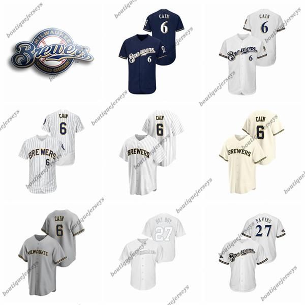 

custom men women kids milwaukee brewers 6 lorenzo cain 27 zach davies 27 bat boy home white navy gray baseball jerseys, Blue;black